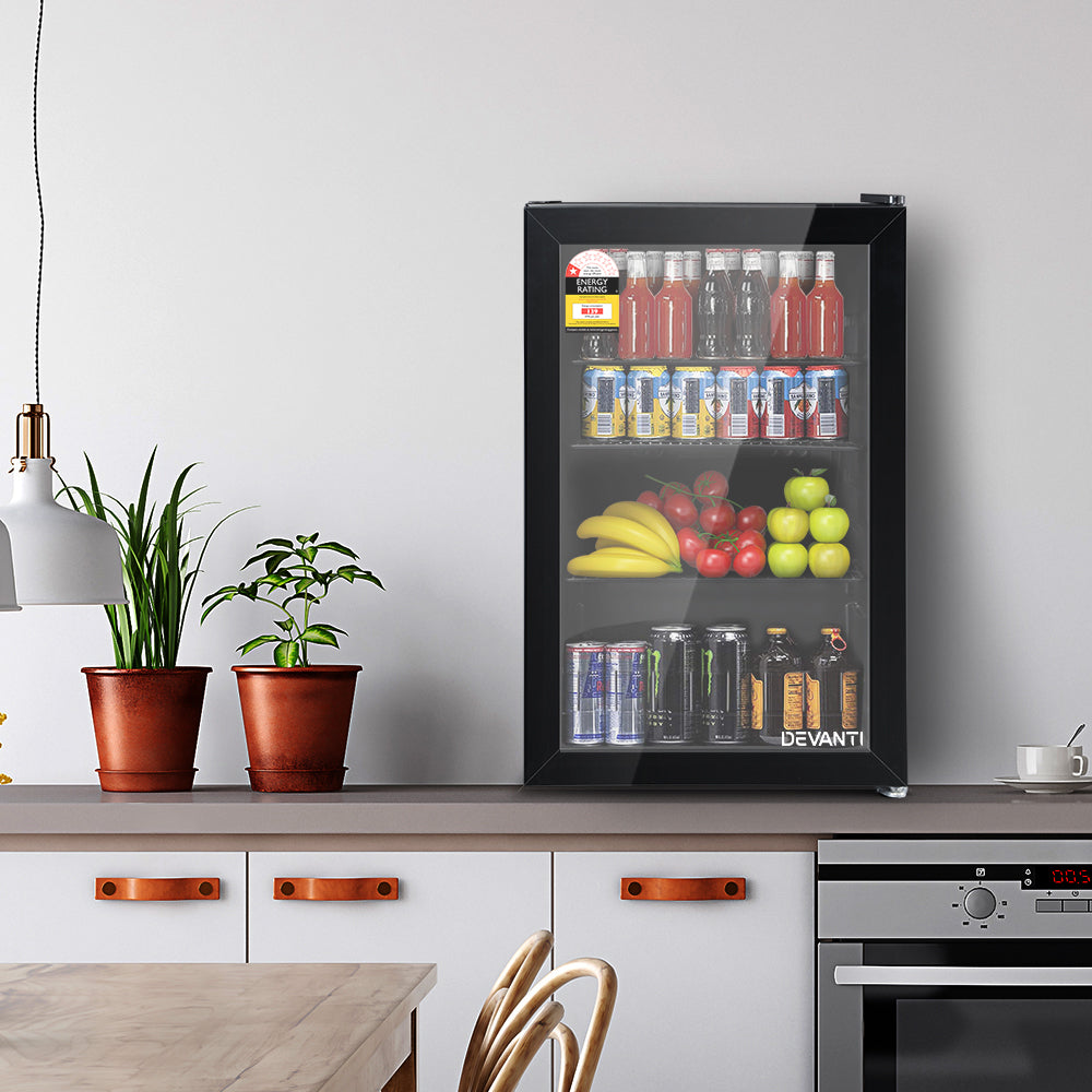 Fridges: Devanti 70L Bar Fridge Glass Door w/Light Black