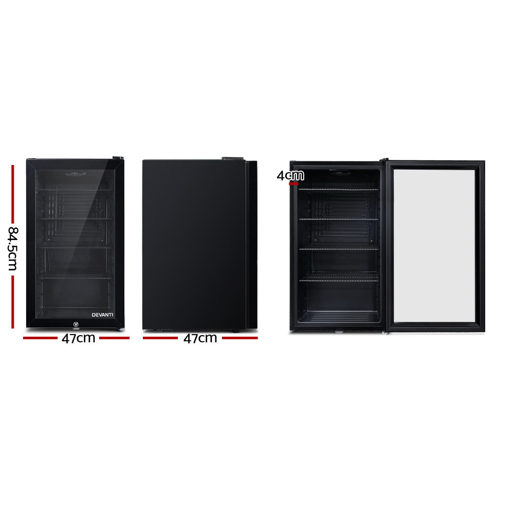 Fridges: Devanti 98L Bar Fridge Glass Door Mini Fridges Freezer Black