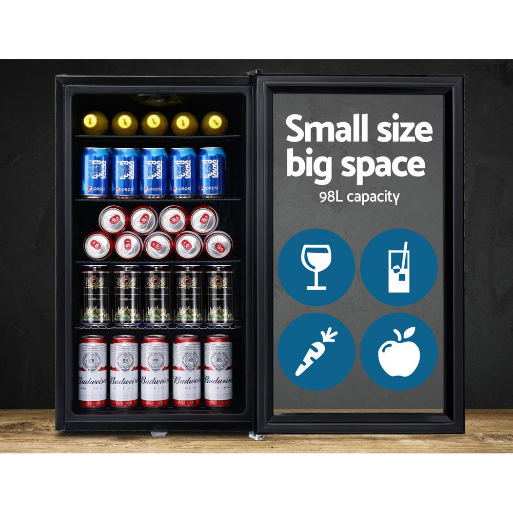Fridges: Devanti 98L Bar Fridge Glass Door Mini Fridges Freezer Black