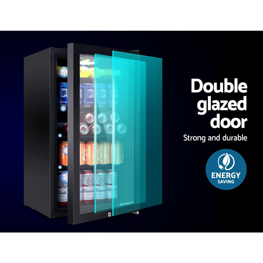 Fridges: Devanti 98L Bar Fridge Glass Door Mini Fridges Freezer Black