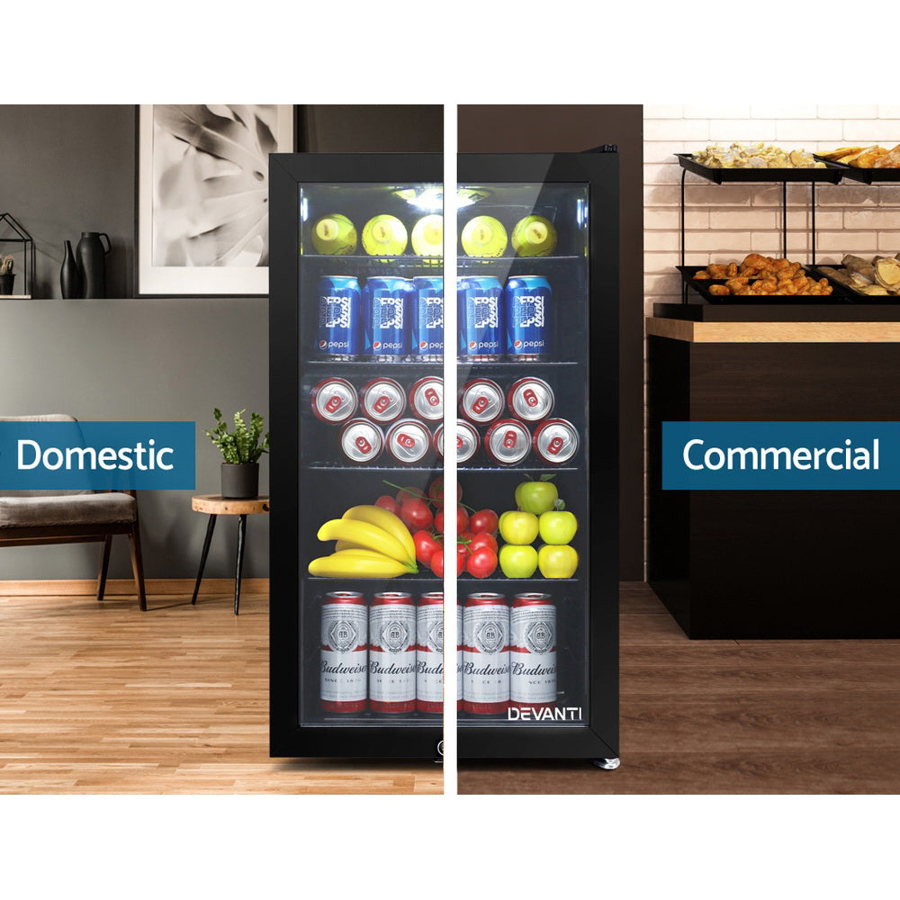 Fridges: Devanti 98L Bar Fridge Glass Door Mini Fridges Freezer Black