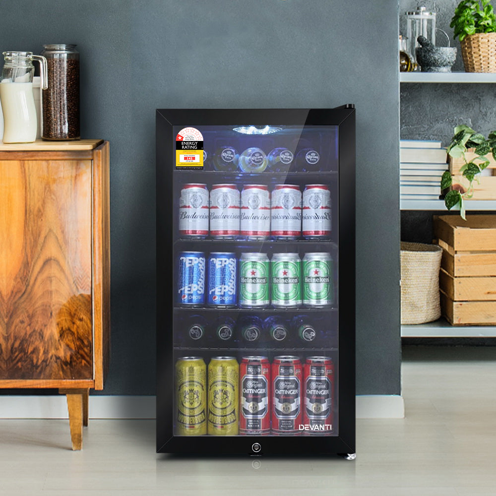 Fridges: Devanti 98L Bar Fridge Glass Door Mini Fridges Freezer Black