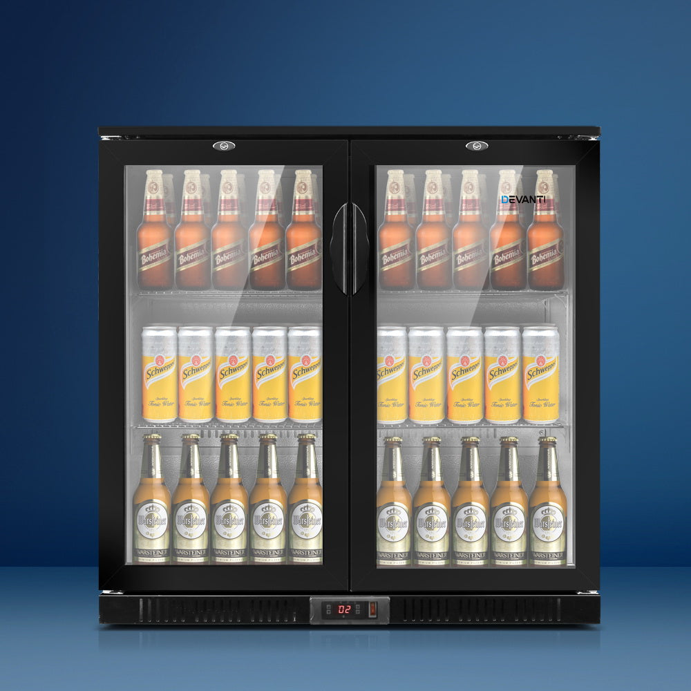 Fridges: Devanti 198L Bar Fridge Dual Glass Door w/Light Black