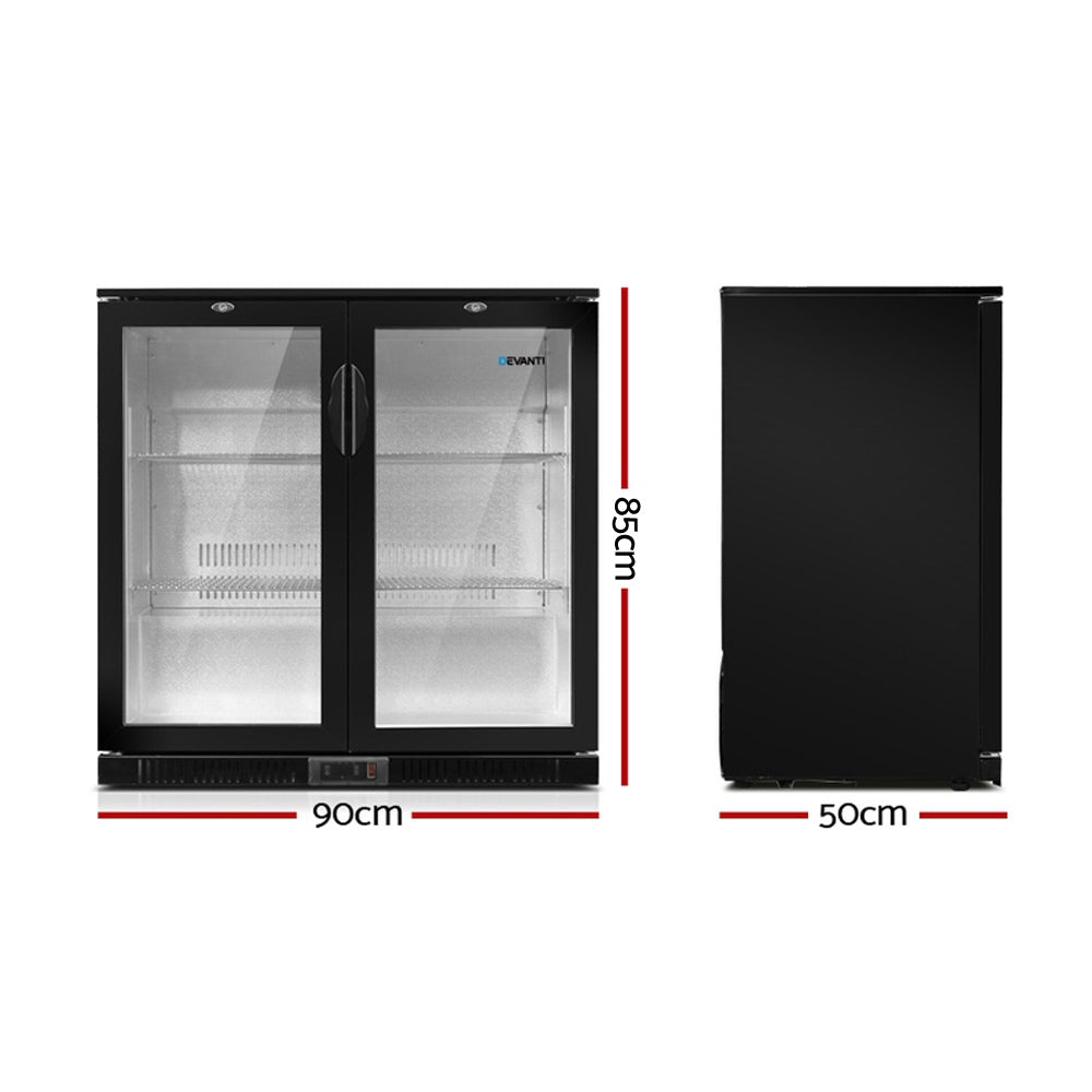 Fridges: Devanti 198L Bar Fridge Dual Glass Door w/Light Black
