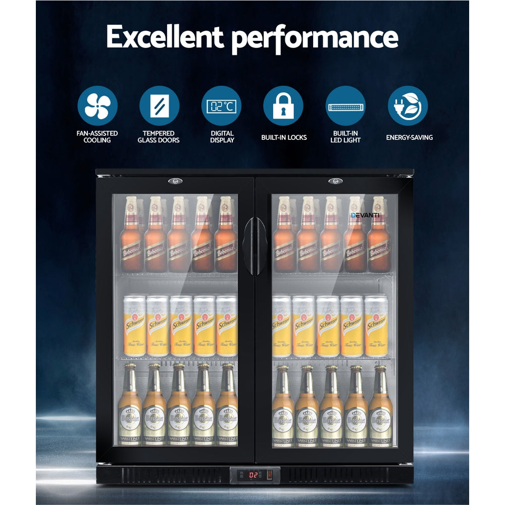 Fridges: Devanti 198L Bar Fridge Dual Glass Door w/Light Black