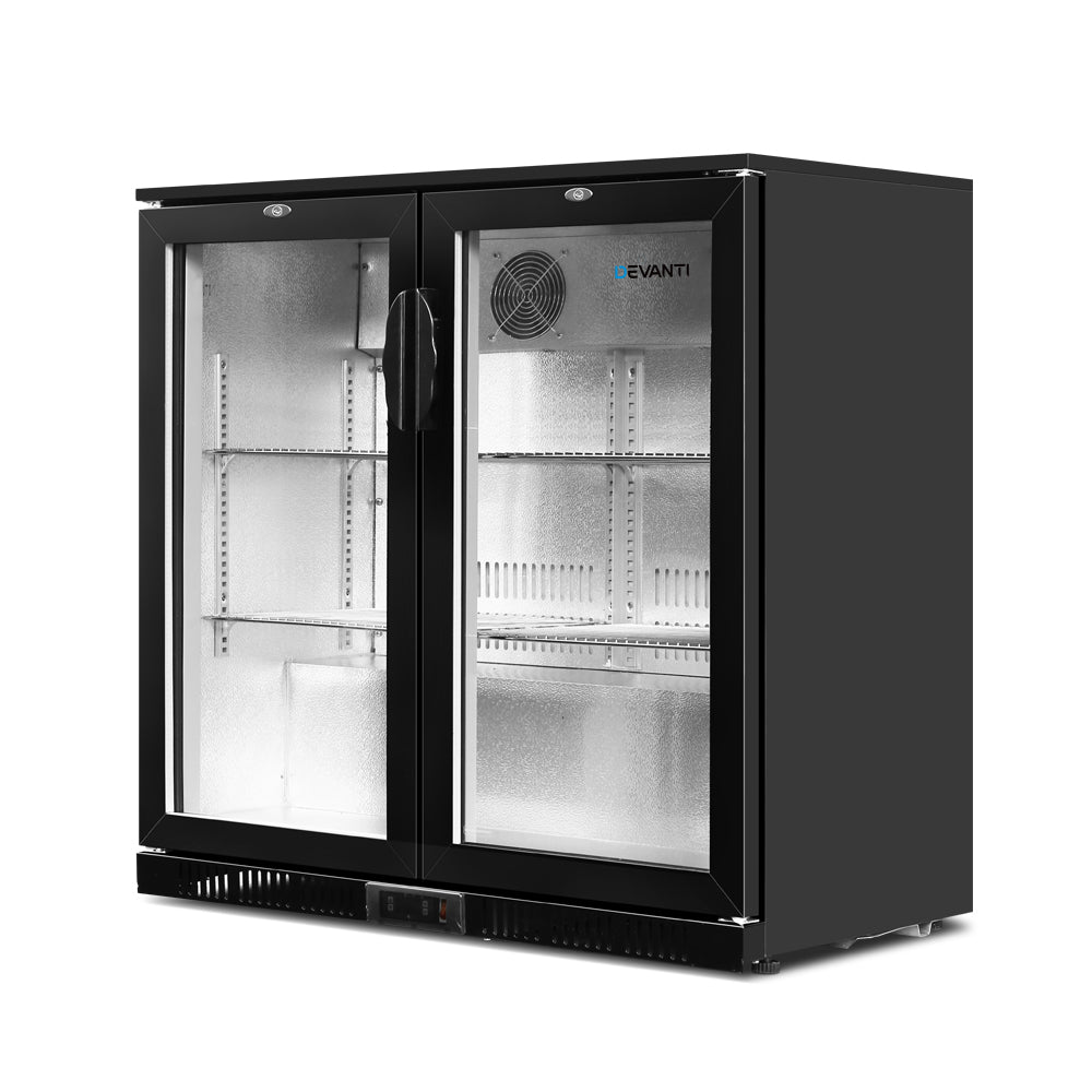 Fridges: Devanti 198L Bar Fridge Dual Glass Door w/Light Black