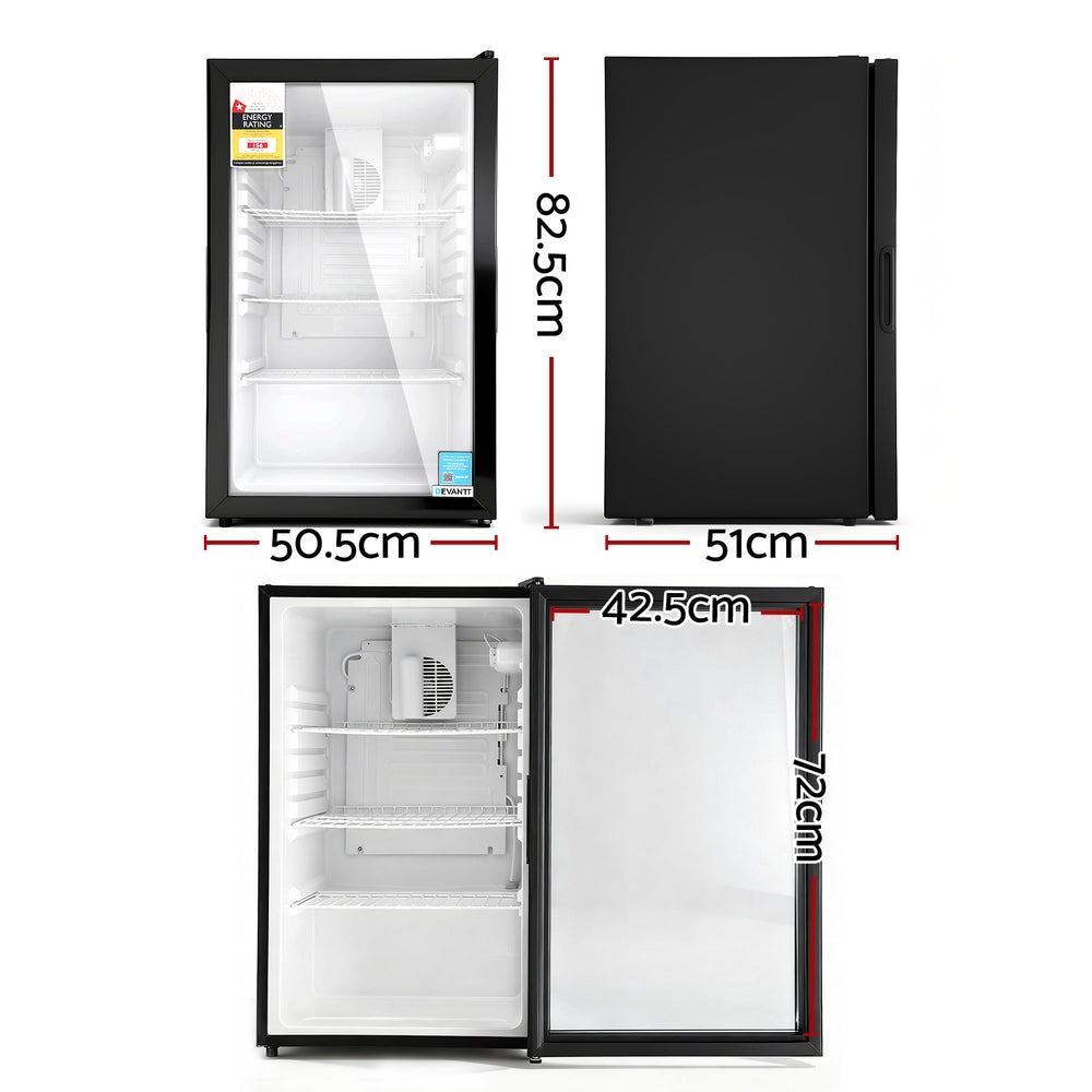 Fridges: Devanti 105L Bar Fridge Glass Door Mini Fridge Countertop Cooler Black