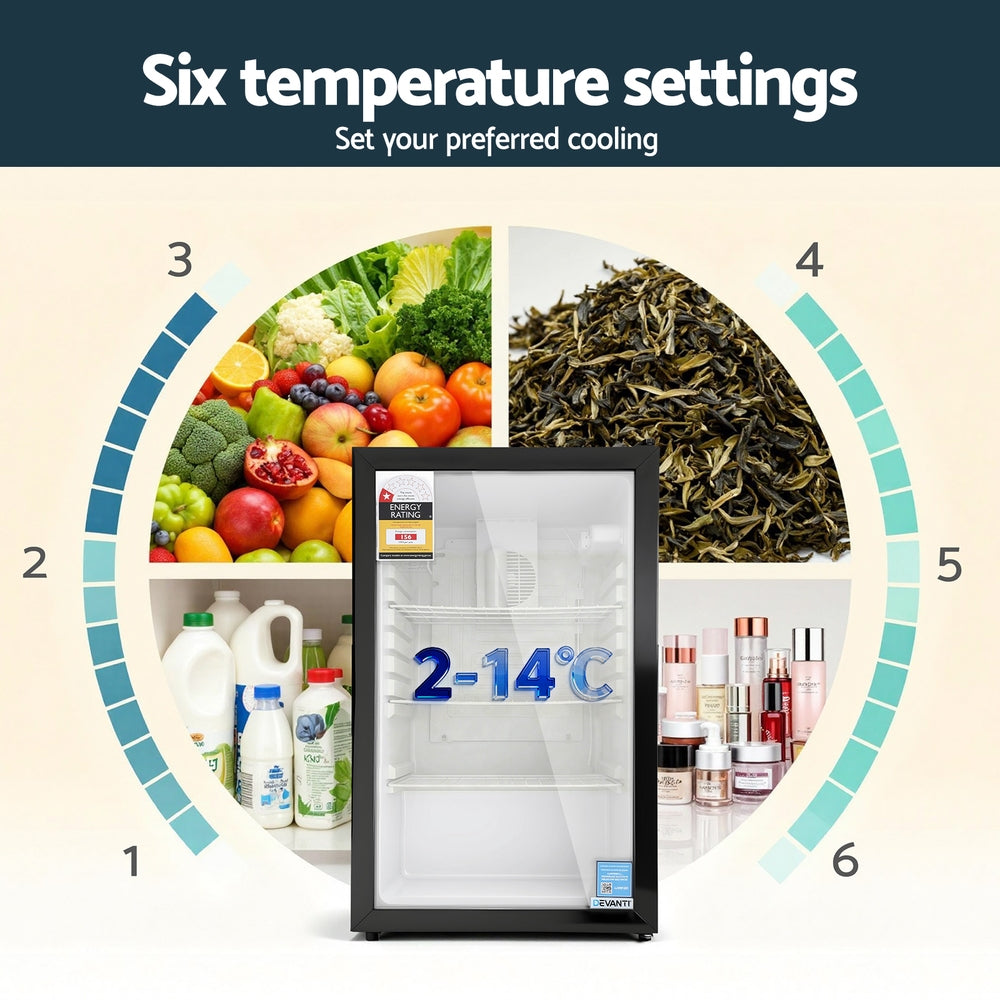 Fridges: Devanti 105L Bar Fridge Glass Door Mini Fridge Countertop Cooler Black