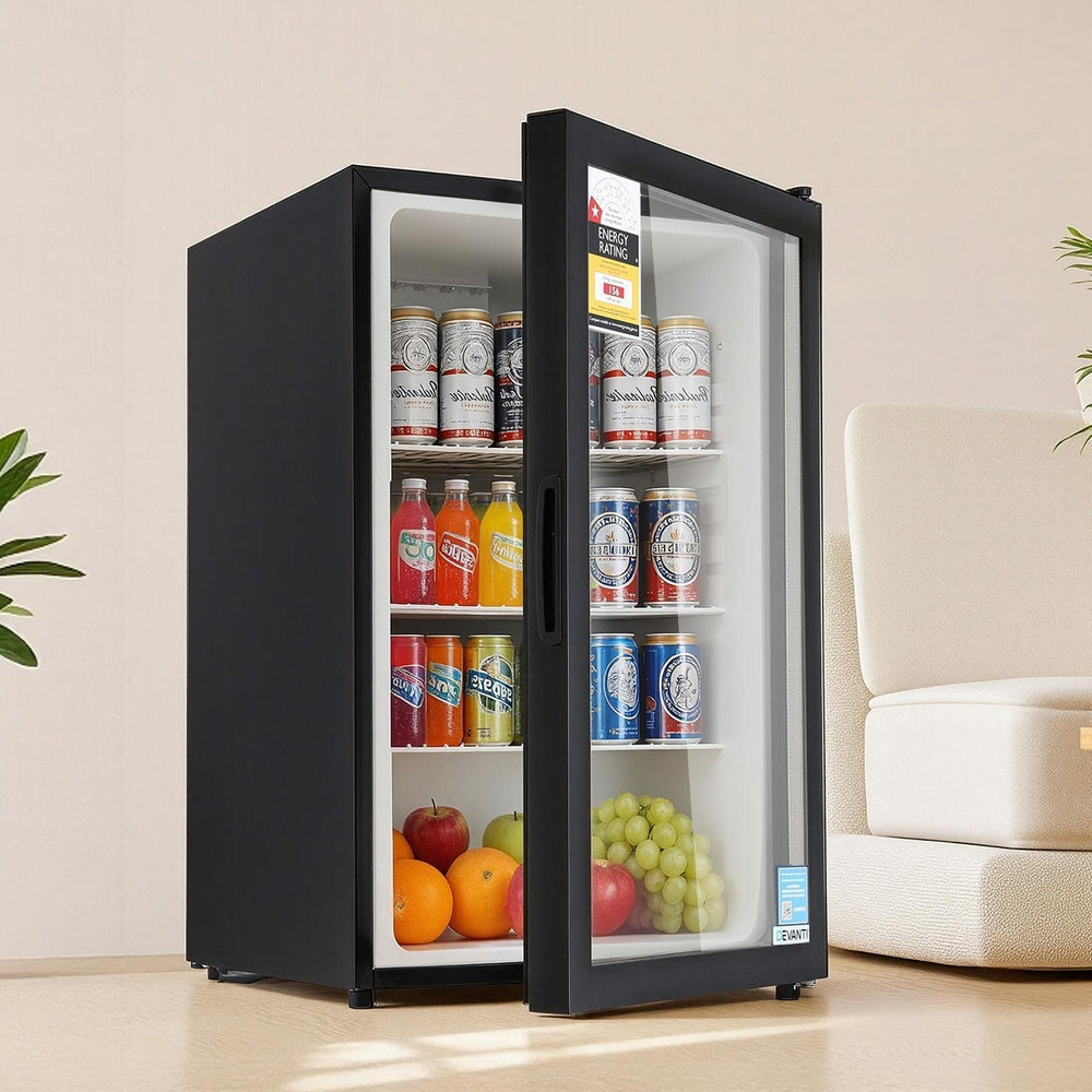 Fridges: Devanti 105L Bar Fridge Glass Door Mini Fridge Countertop Cooler Black