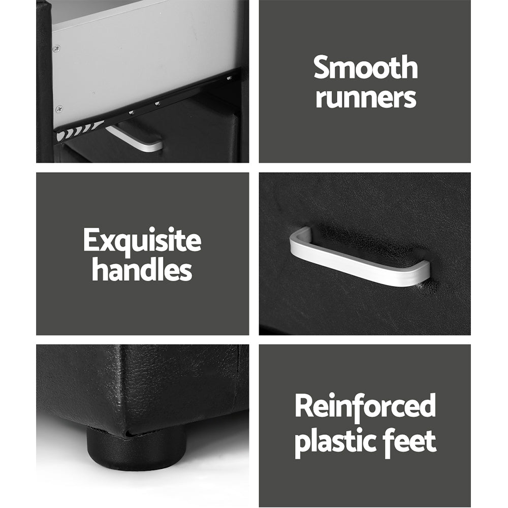 Bedside Tables: Artiss Bedside Table 2 Drawers Side Table Leather - CADEN Black