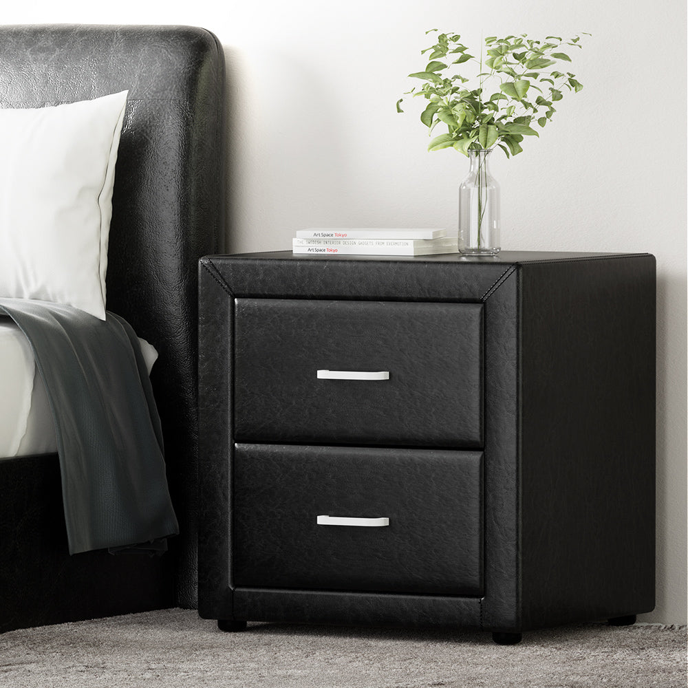 Bedside Tables: Artiss Bedside Table 2 Drawers Side Table Leather - CADEN Black
