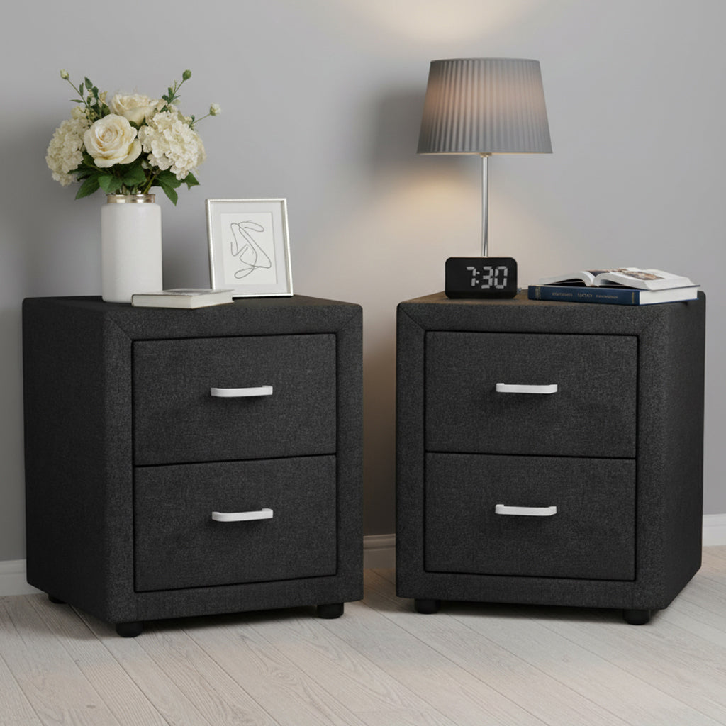 Bedside Tables: Artiss 2X Bedside Table 2 Drawers Fabric - CADEN Charcoal