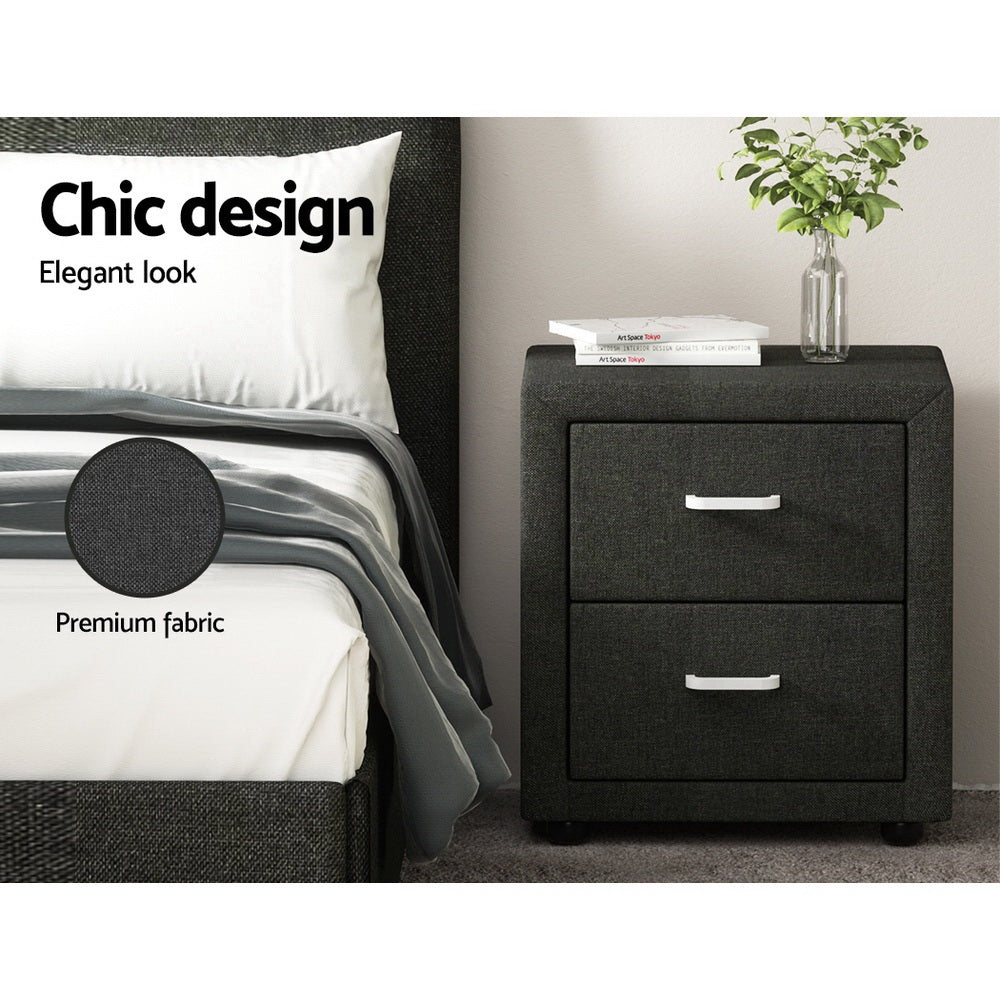 Bedside Tables: Artiss 2X Bedside Table 2 Drawers Fabric - CADEN Charcoal