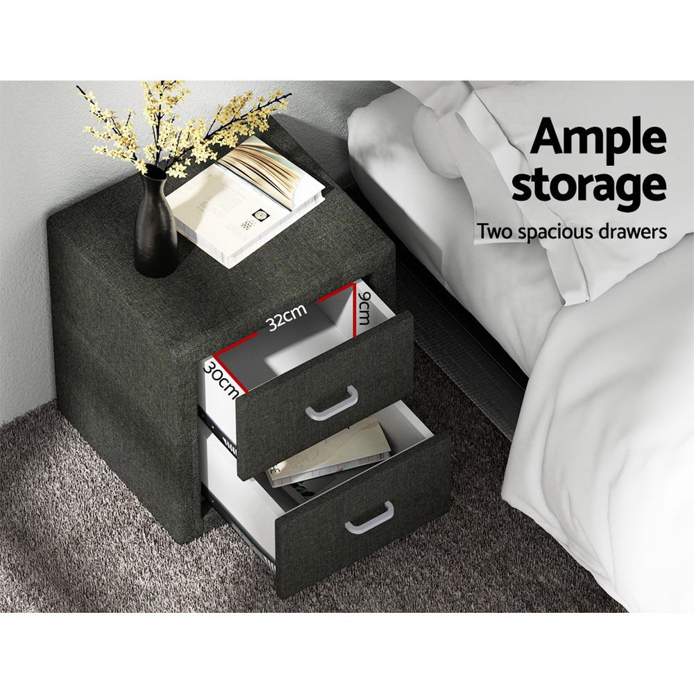 Bedside Tables: Artiss 2X Bedside Table 2 Drawers Fabric - CADEN Charcoal