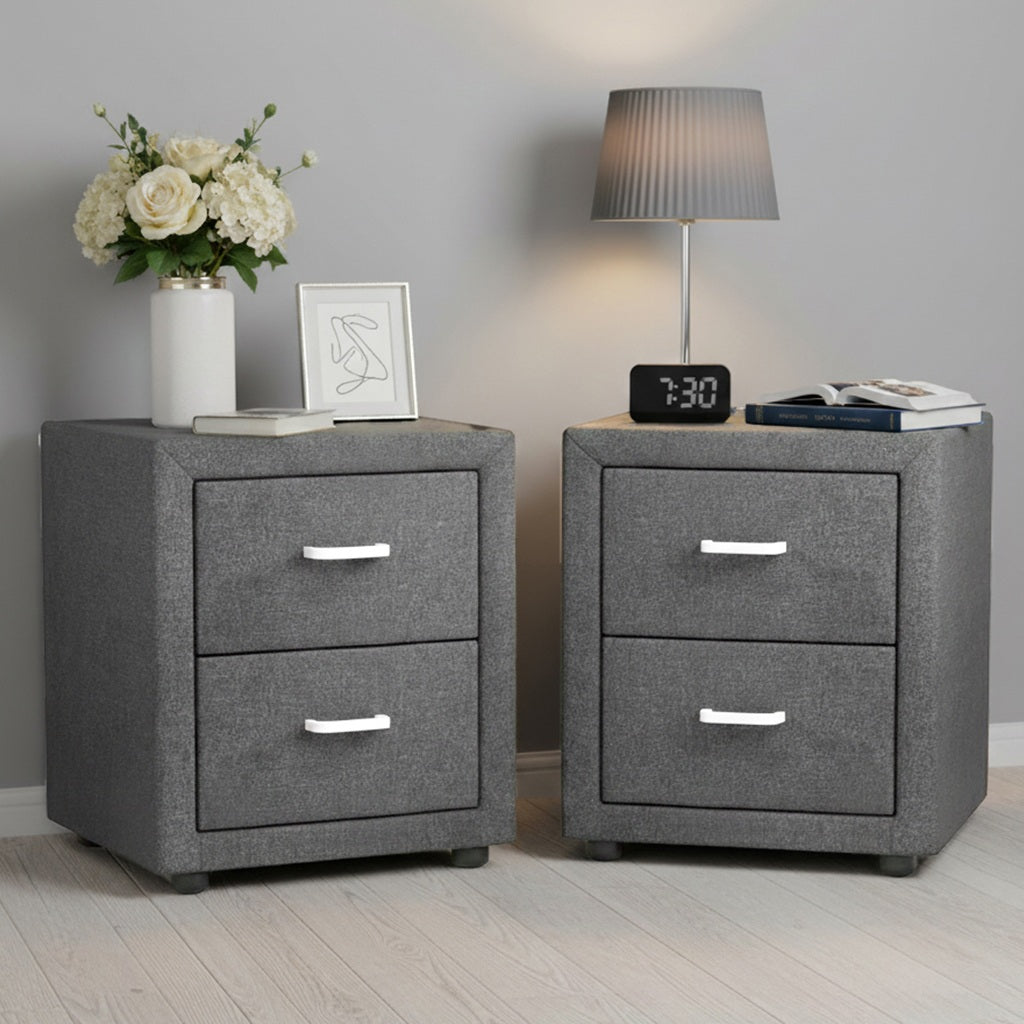 Bedside Tables: Artiss 2X Bedside Table 2 Drawers Side Table Fabric - CADEN Grey