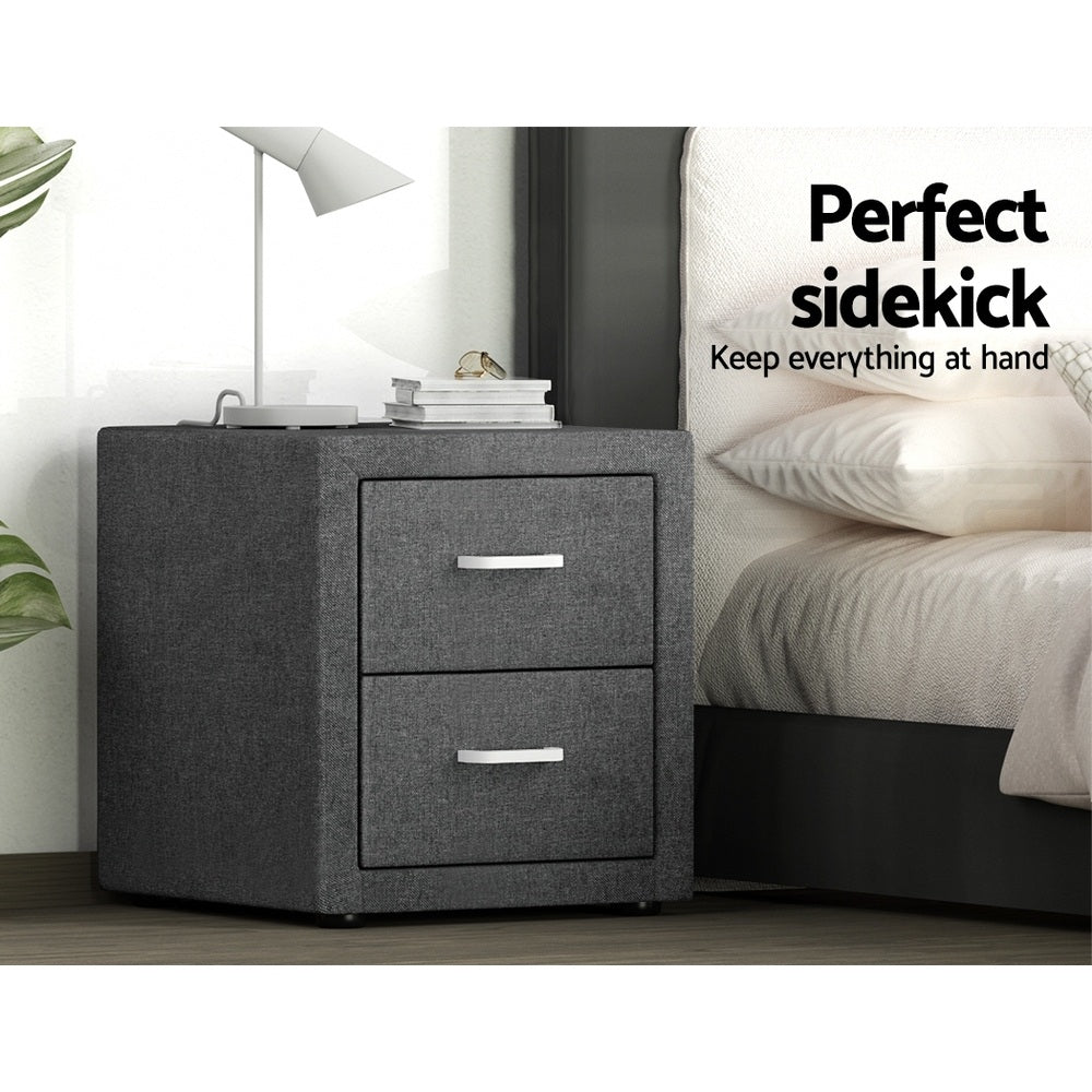Bedside Tables: Artiss 2X Bedside Table 2 Drawers Side Table Fabric - CADEN Grey