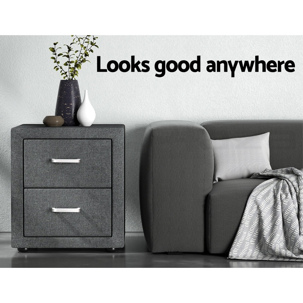 Bedside Tables: Artiss 2X Bedside Table 2 Drawers Side Table Fabric - CADEN Grey