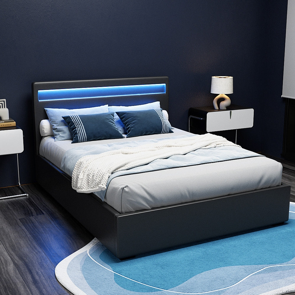 Beds & Bed Frames: Artiss Bed Frame Double Size LED Gas Lift Black COLE