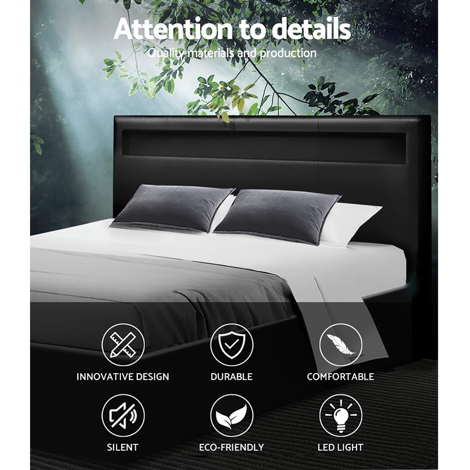 Beds & Bed Frames: Artiss Bed Frame Double Size LED Gas Lift Black COLE
