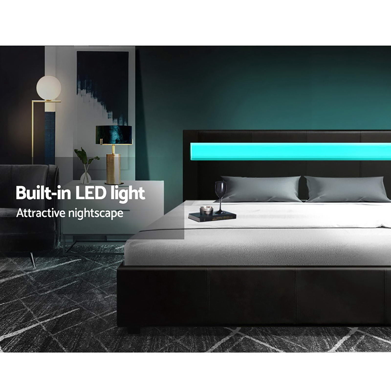 Beds & Bed Frames: Artiss Bed Frame Double Size LED Gas Lift Black COLE