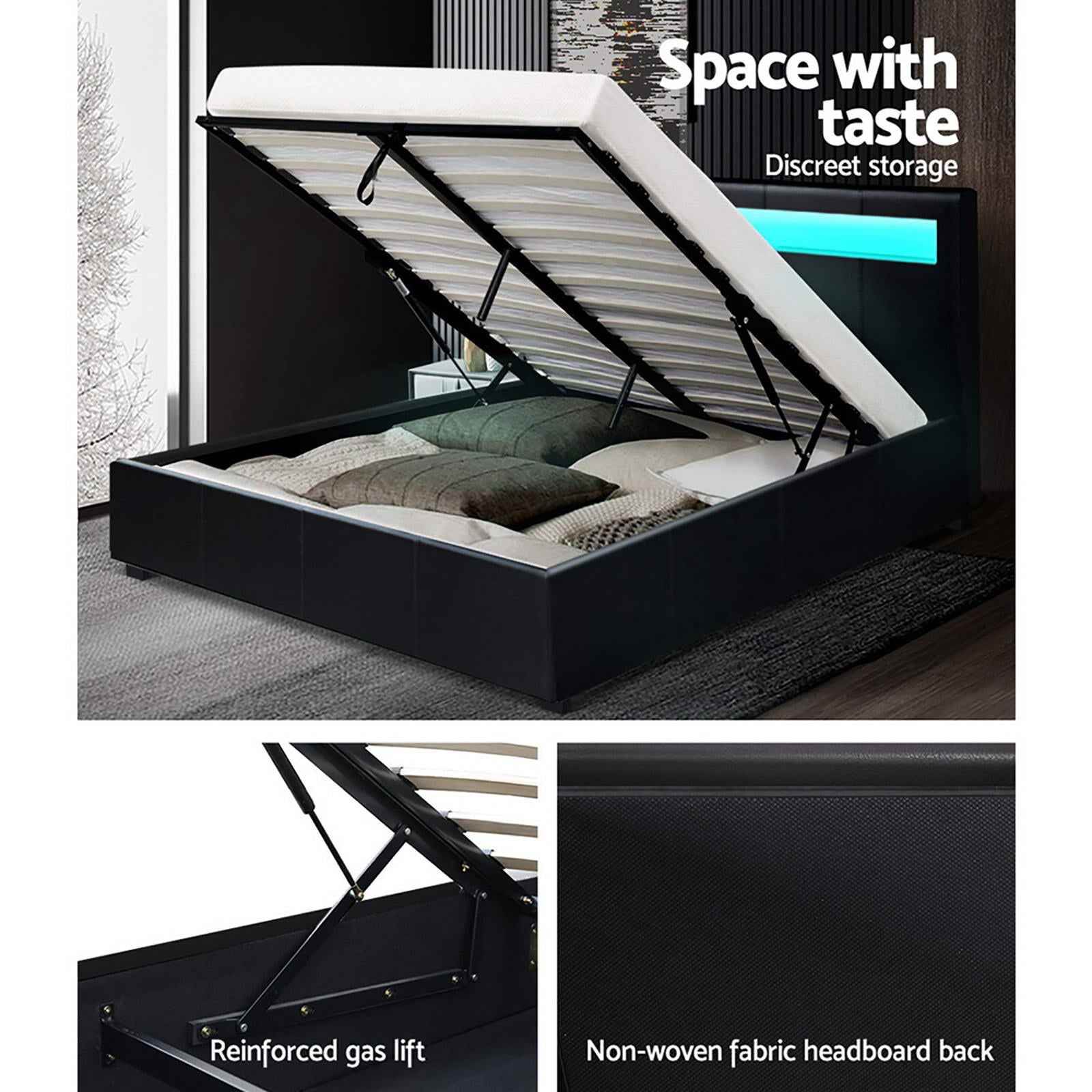 Beds & Bed Frames: Artiss Bed Frame Double Size LED Gas Lift Black COLE