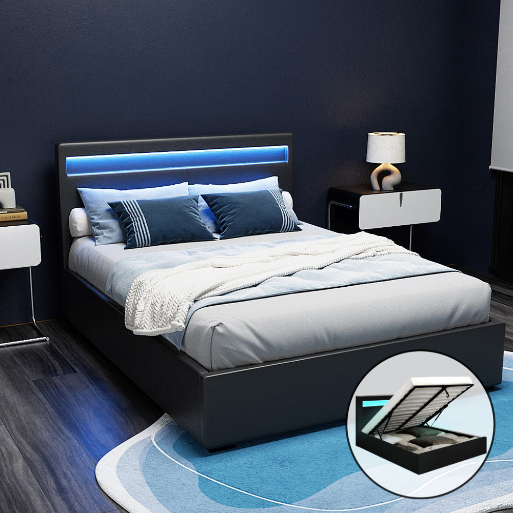 Beds & Bed Frames: Artiss Bed Frame Double Size LED Gas Lift Black COLE