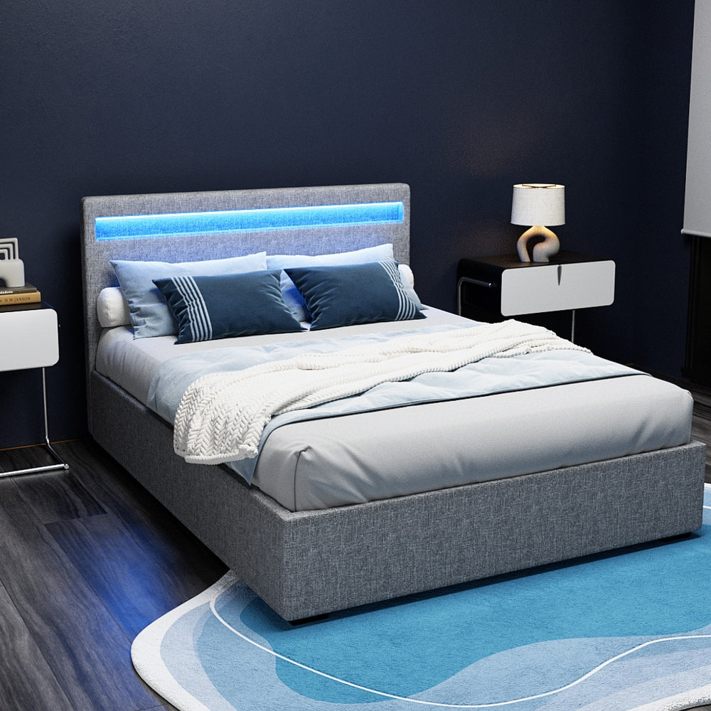 Beds & Bed Frames: Artiss Bed Frame Double Size LED Gas Lift Grey COLE