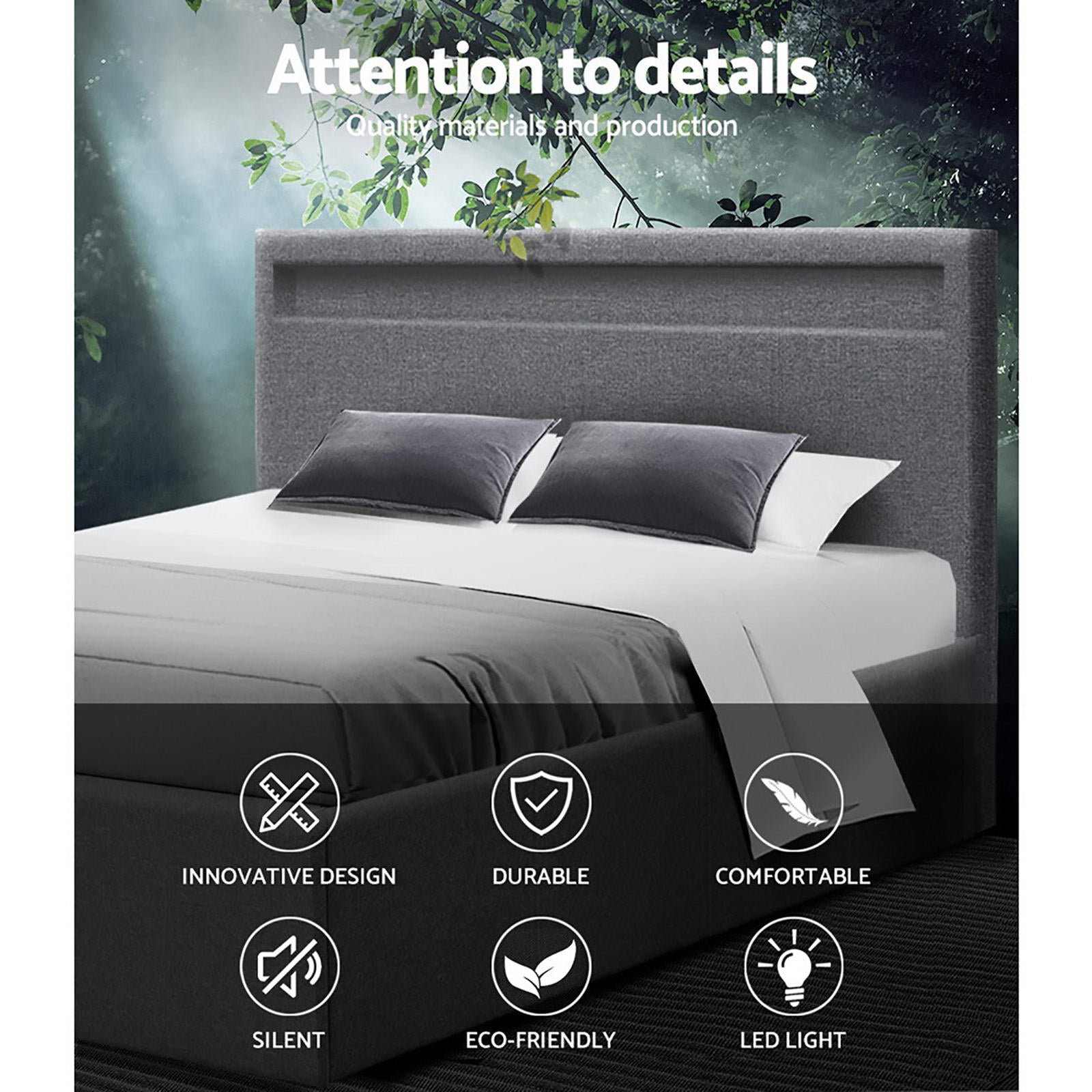 Beds & Bed Frames: Artiss Bed Frame Double Size LED Gas Lift Grey COLE