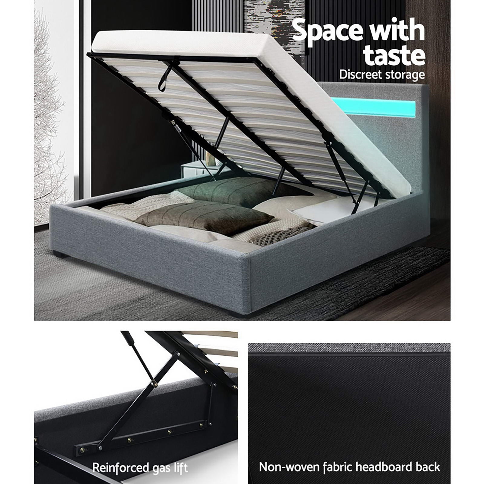 Beds & Bed Frames: Artiss Bed Frame Double Size LED Gas Lift Grey COLE