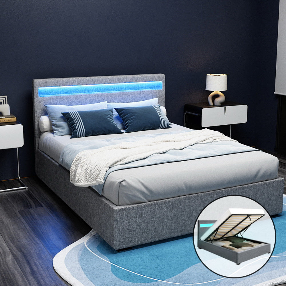 Beds & Bed Frames: Artiss Bed Frame Double Size LED Gas Lift Grey COLE