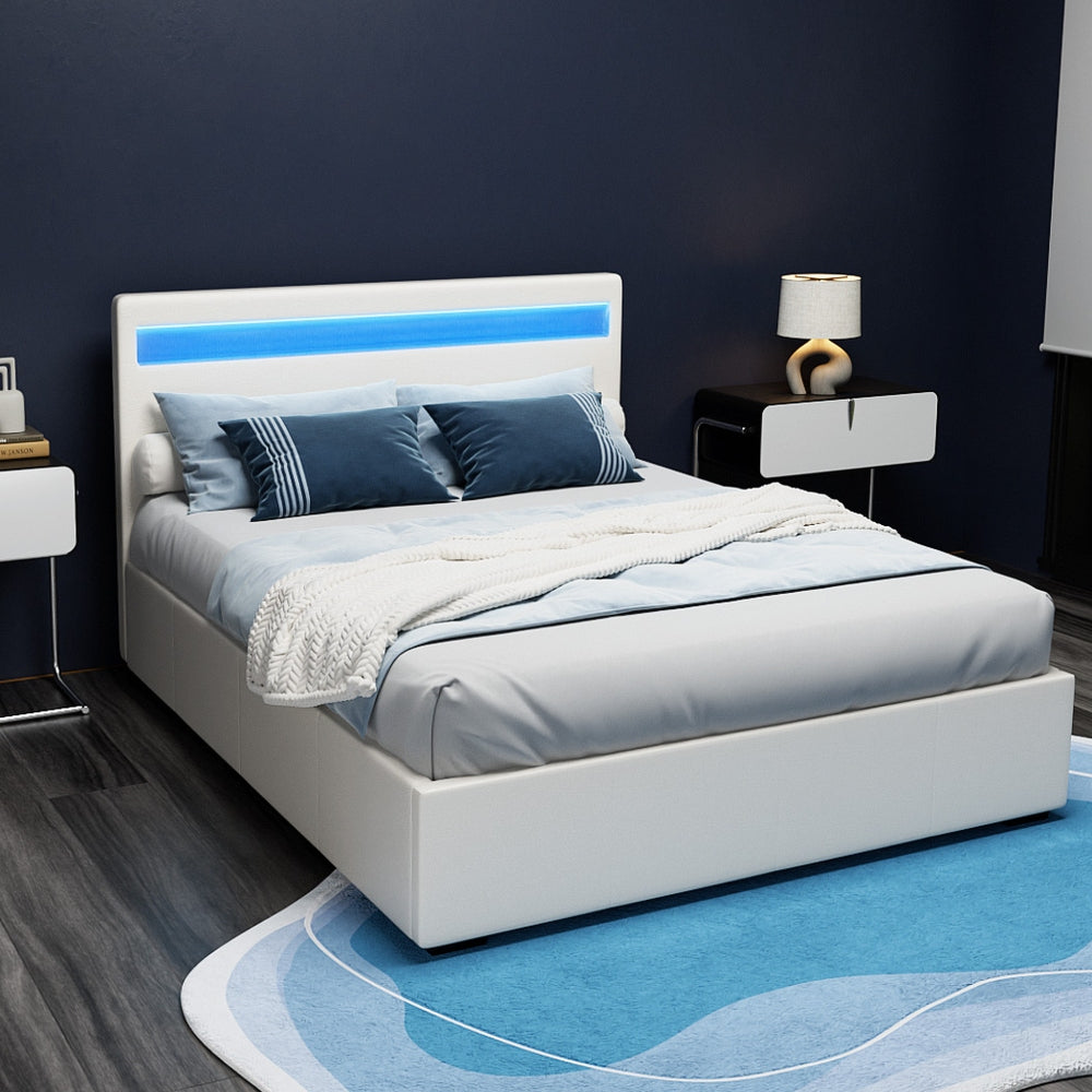 Beds & Bed Frames: Artiss Bed Frame Double Size LED Gas Lift White COLE