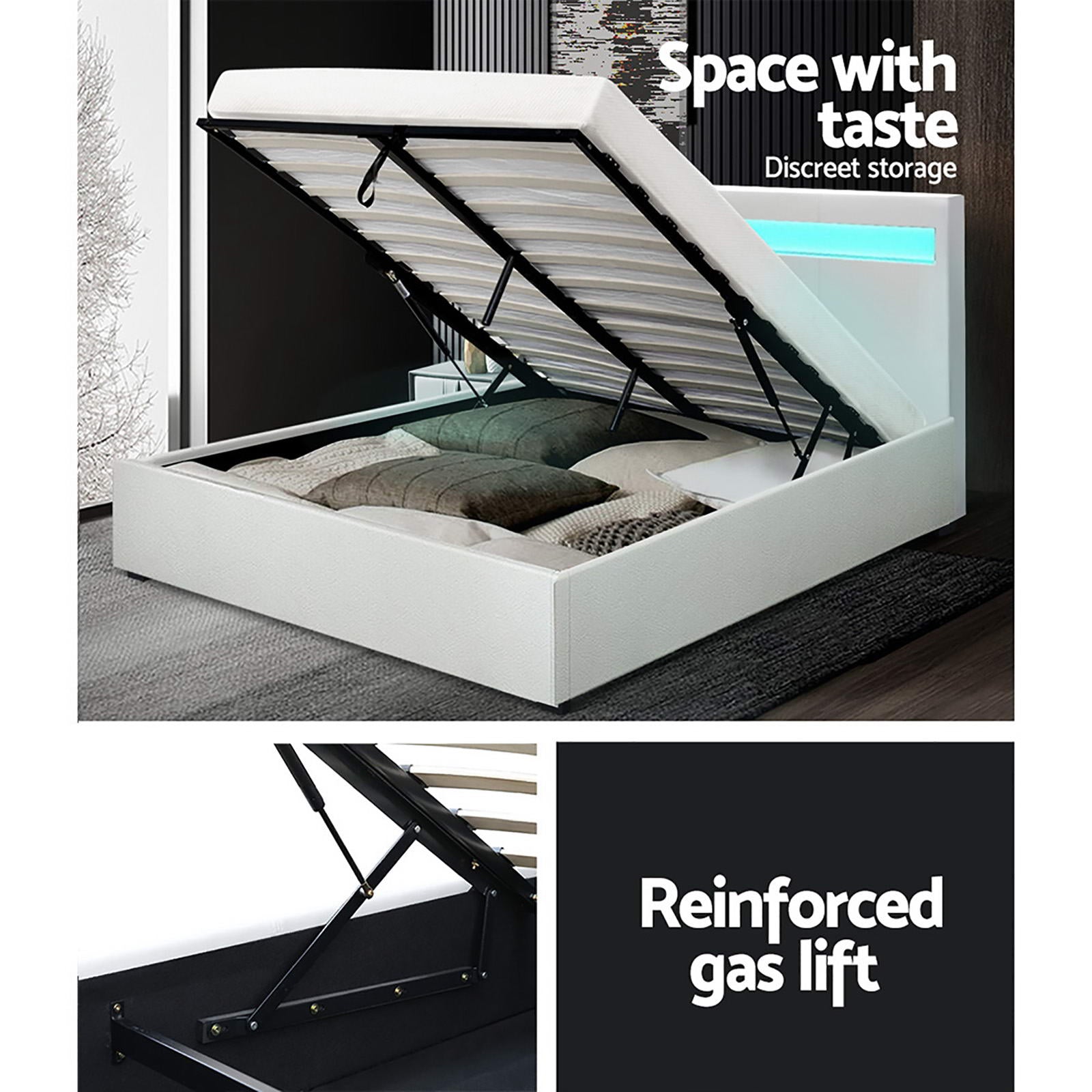 Beds & Bed Frames: Artiss Bed Frame Double Size LED Gas Lift White COLE