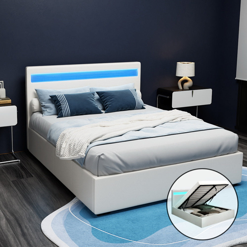 Beds & Bed Frames: Artiss Bed Frame Double Size LED Gas Lift White COLE