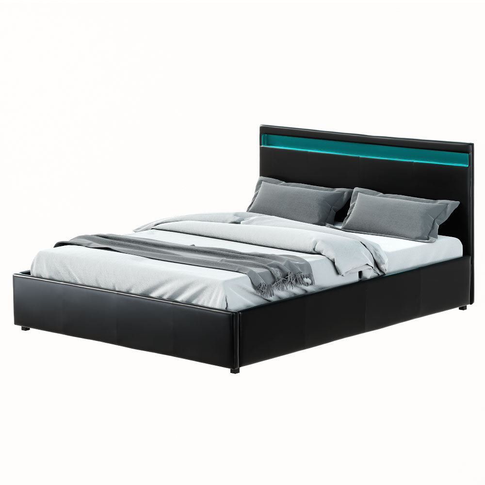 Beds & Bed Frames: Artiss Bed Frame Queen Size LED Gas Lift Black COLE