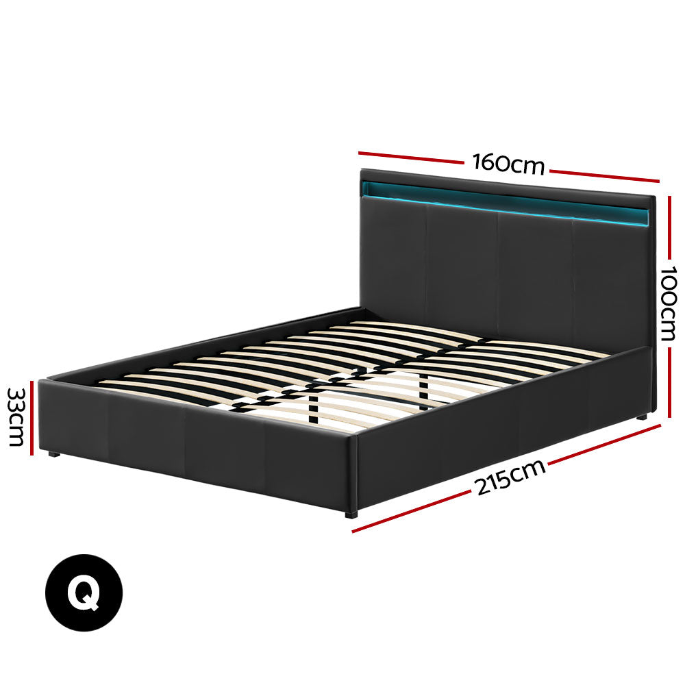 Beds & Bed Frames: Artiss Bed Frame Queen Size LED Gas Lift Black COLE