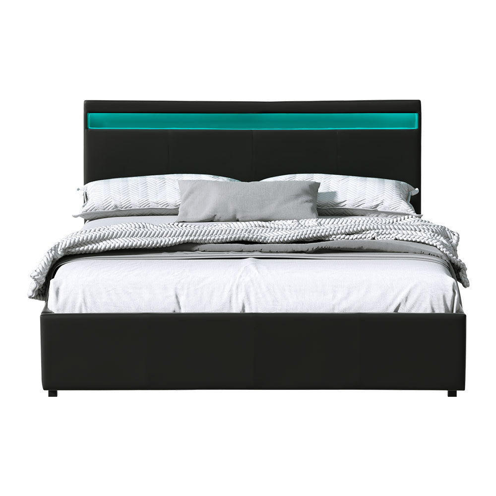 Beds & Bed Frames: Artiss Bed Frame Queen Size LED Gas Lift Black COLE