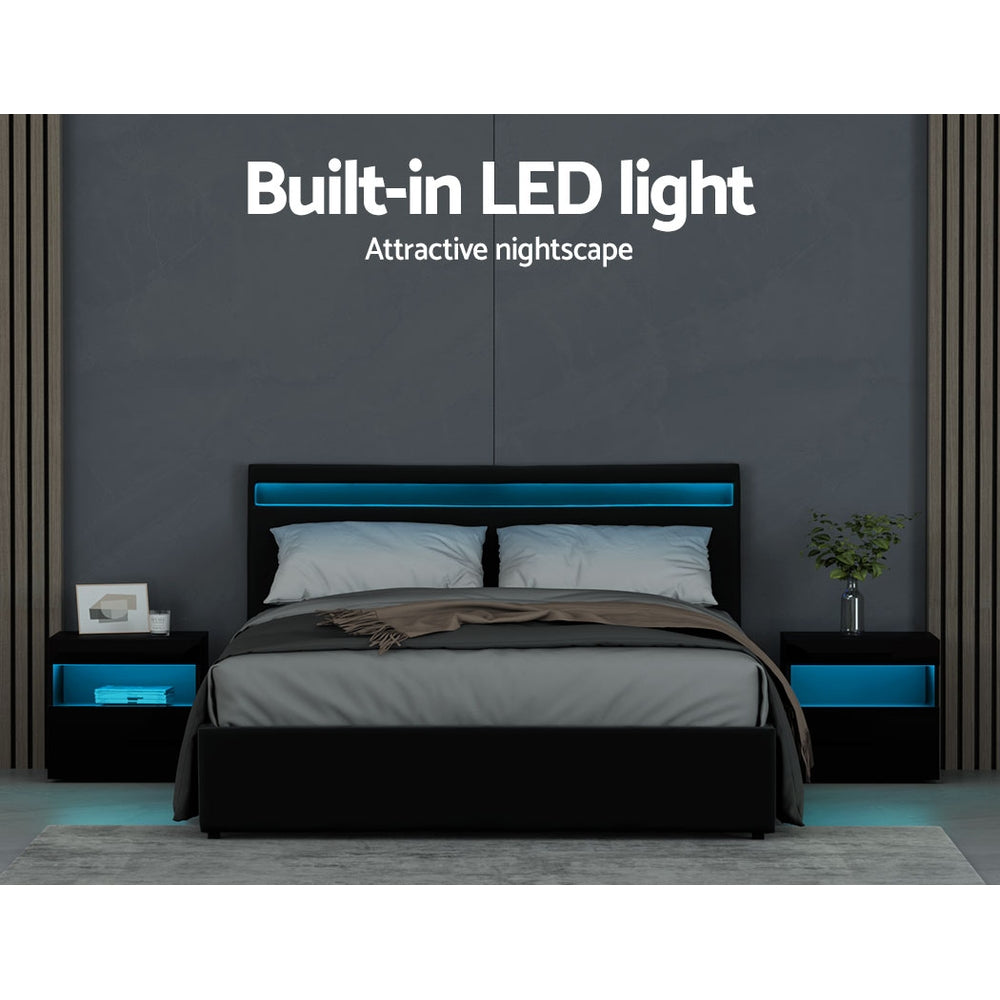 Beds & Bed Frames: Artiss Bed Frame Queen Size LED Gas Lift Black COLE