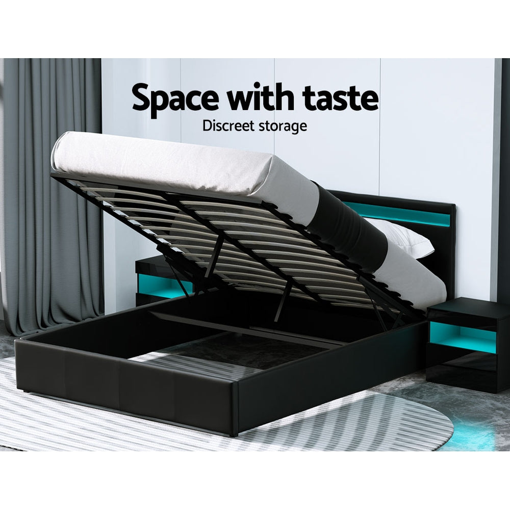 Beds & Bed Frames: Artiss Bed Frame Queen Size LED Gas Lift Black COLE
