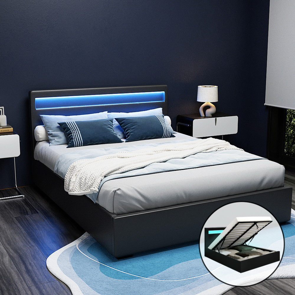 Beds & Bed Frames: Artiss Bed Frame Queen Size LED Gas Lift Black COLE