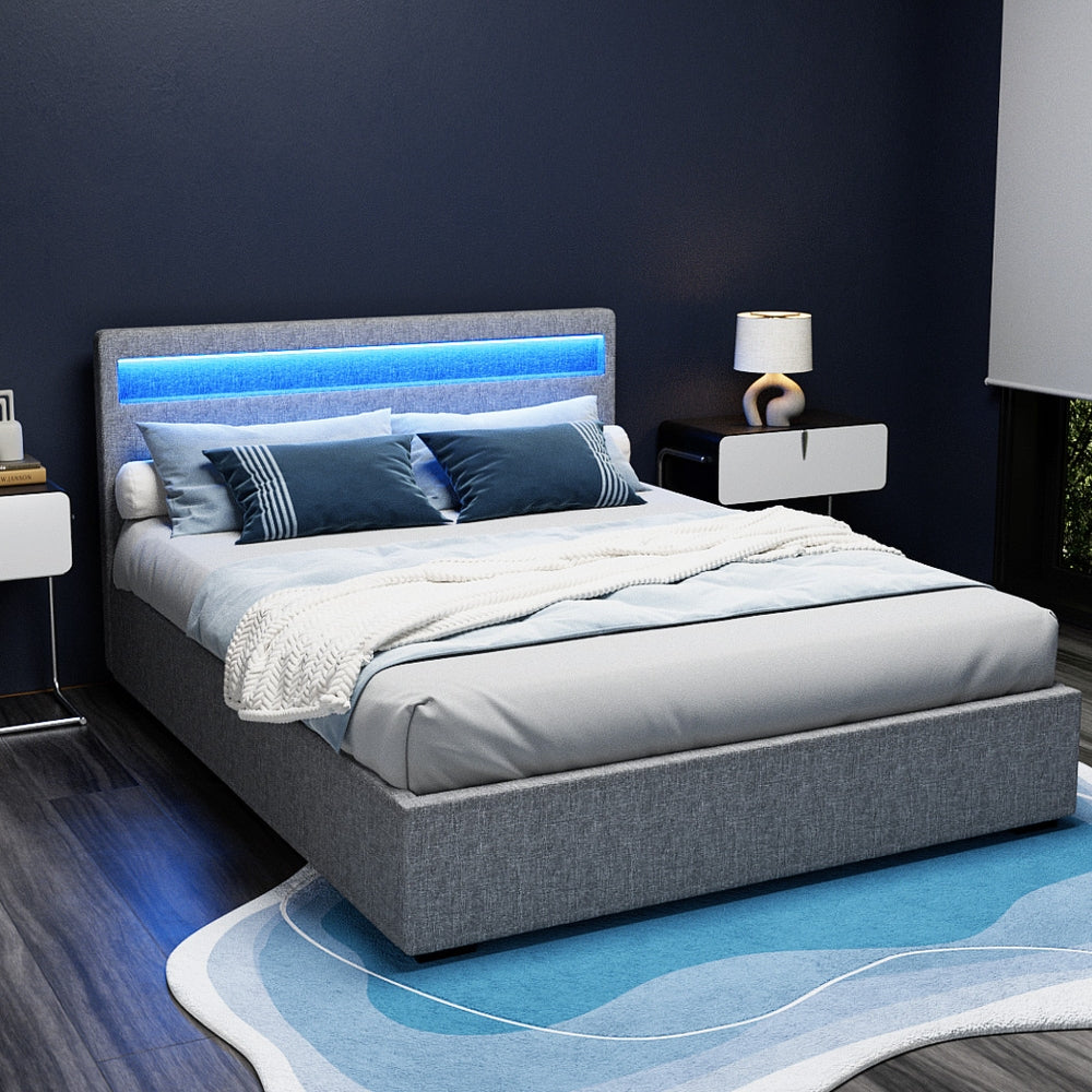 Beds & Bed Frames: Artiss Bed Frame Queen Size LED Gas Lift Grey COLE