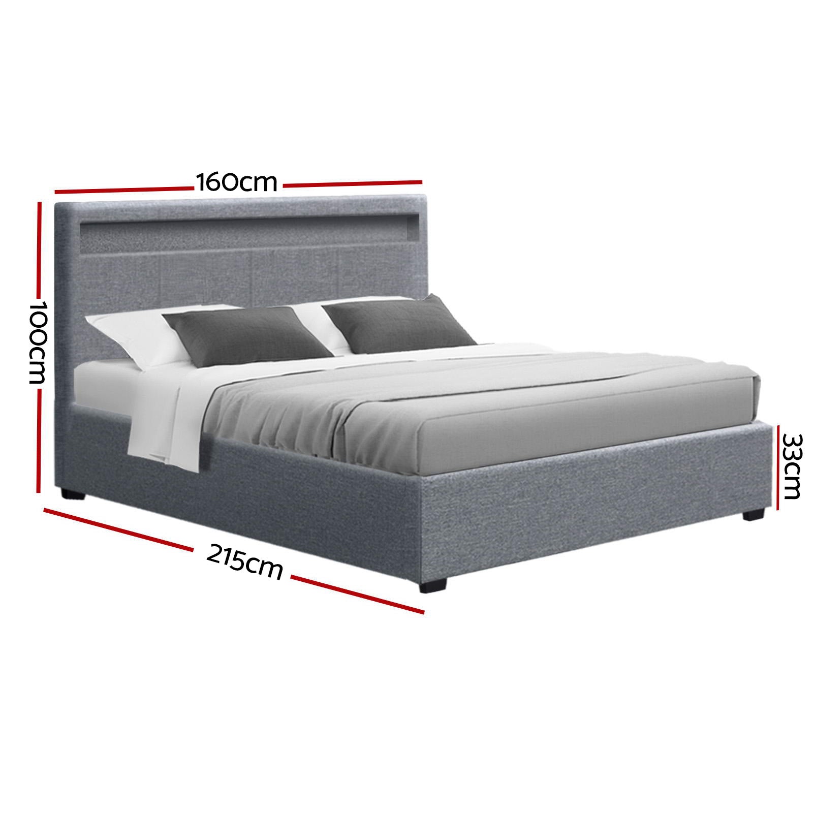 Beds & Bed Frames: Artiss Bed Frame Queen Size LED Gas Lift Grey COLE