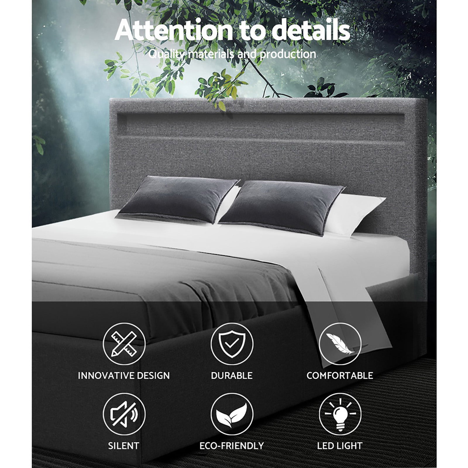 Beds & Bed Frames: Artiss Bed Frame Queen Size LED Gas Lift Grey COLE