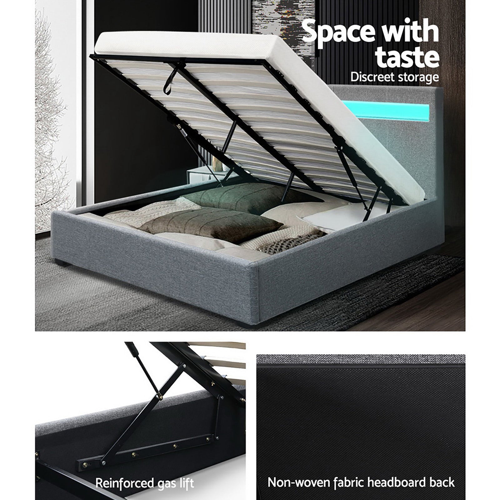 Beds & Bed Frames: Artiss Bed Frame Queen Size LED Gas Lift Grey COLE