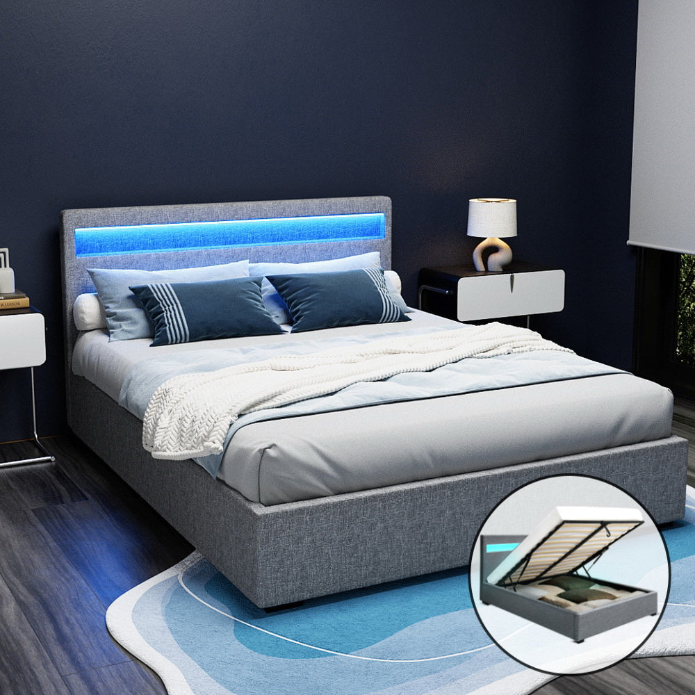Beds & Bed Frames: Artiss Bed Frame Queen Size LED Gas Lift Grey COLE