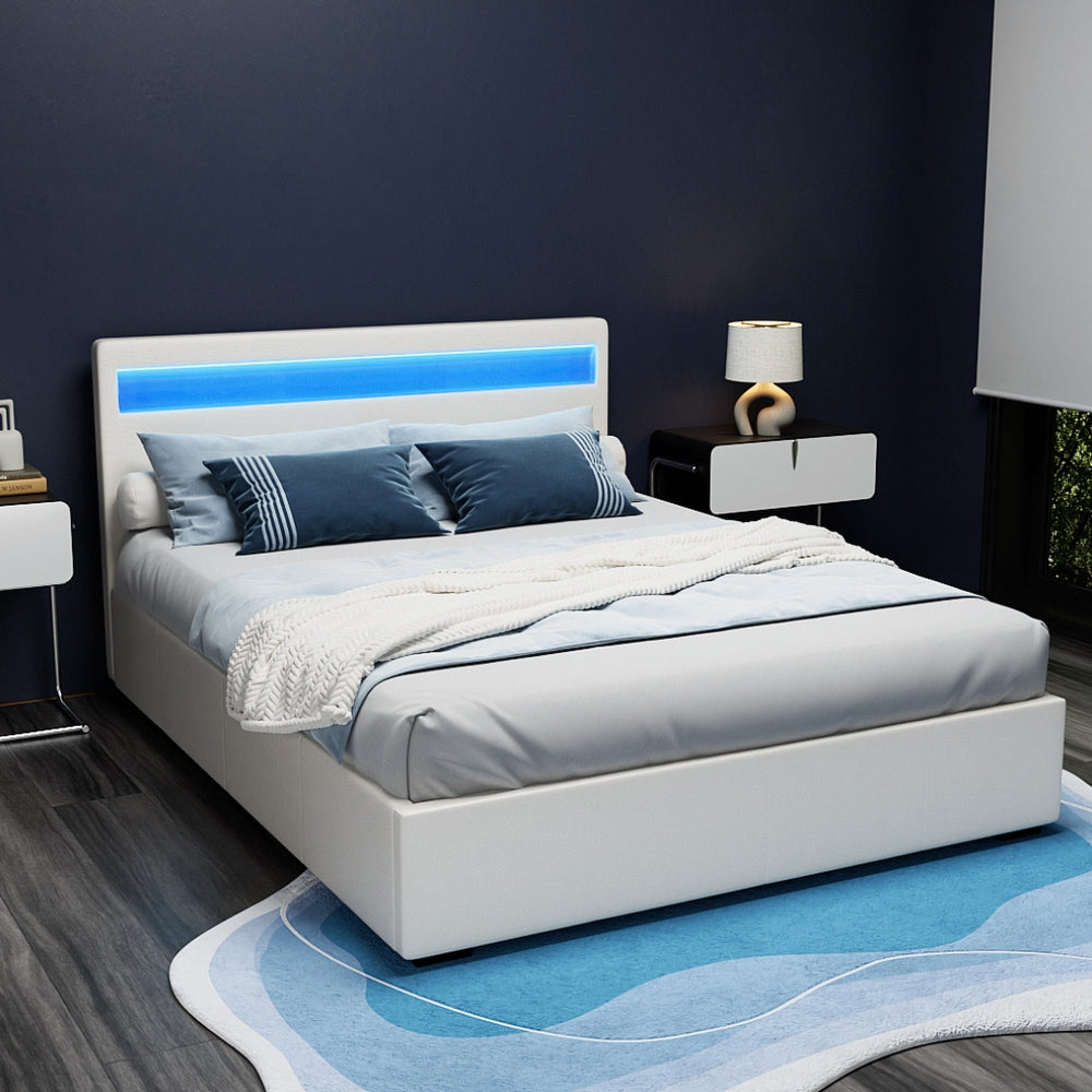 Beds & Bed Frames: Artiss Bed Frame Queen Size LED Gas Lift White COLE