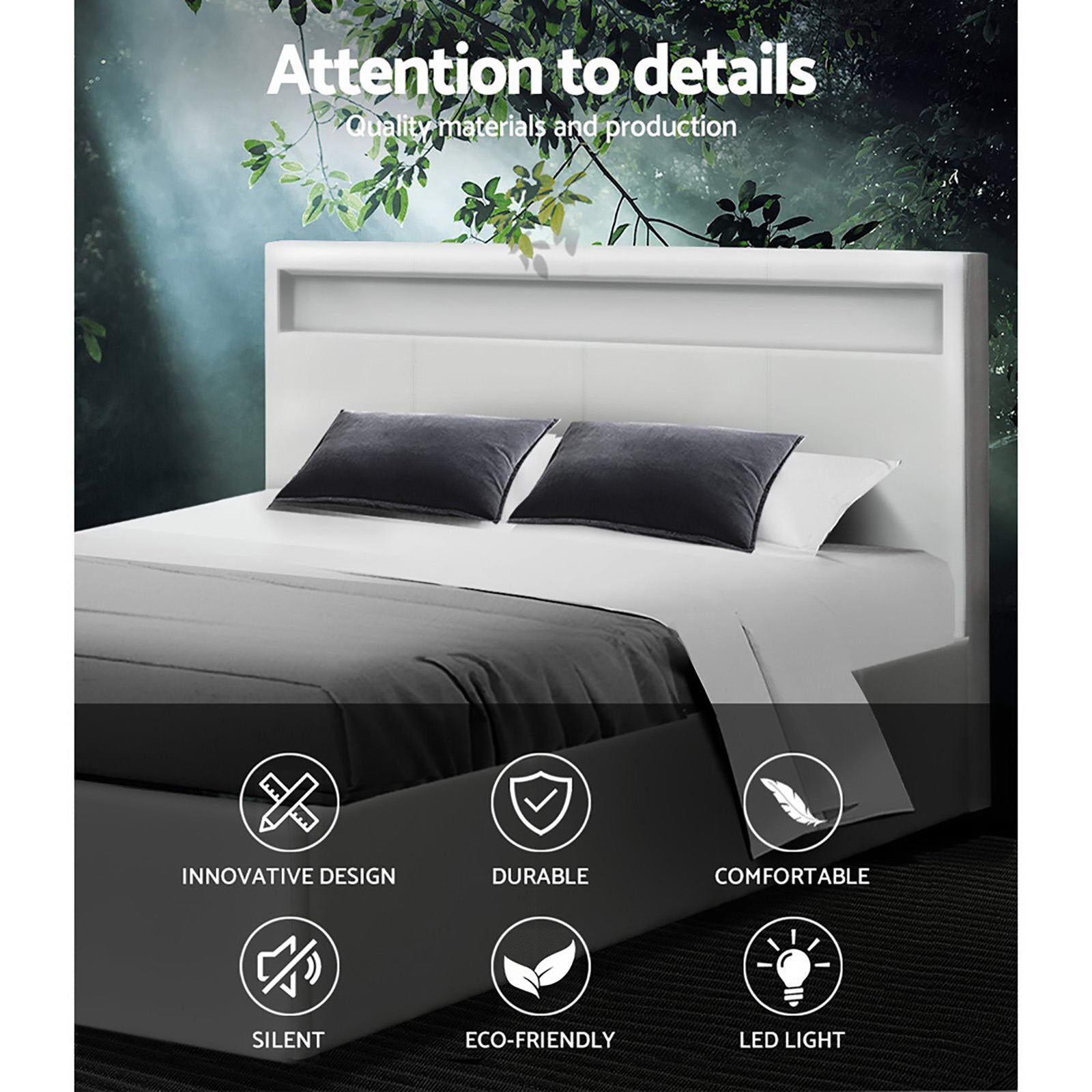 Beds & Bed Frames: Artiss Bed Frame Queen Size LED Gas Lift White COLE