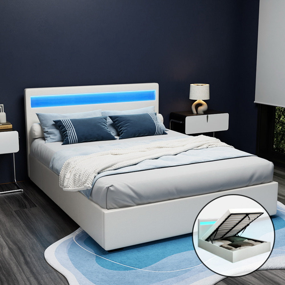 Beds & Bed Frames: Artiss Bed Frame Queen Size LED Gas Lift White COLE