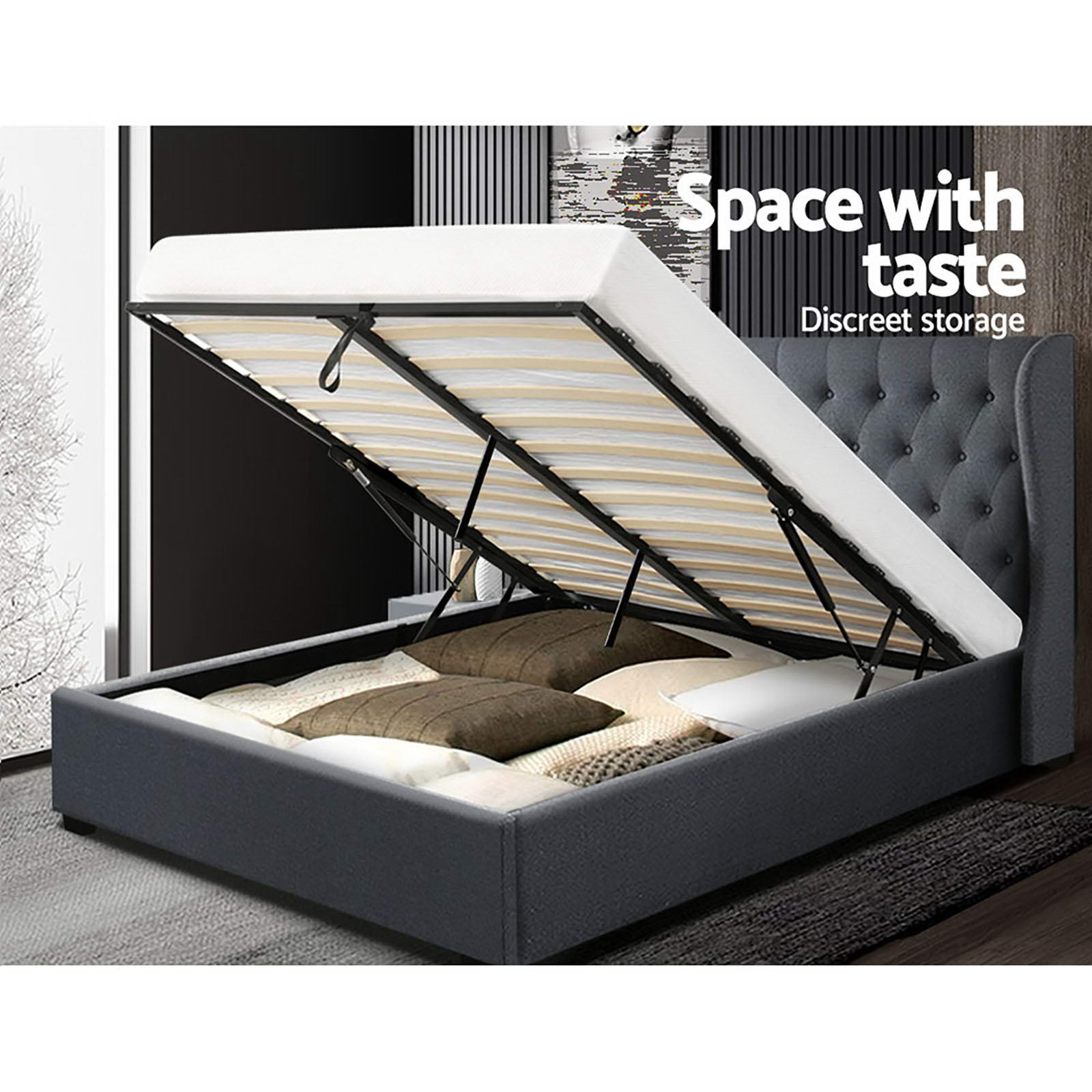 Beds & Bed Frames: Artiss Bed Frame King Size Gas Lift Charcoal ISSA