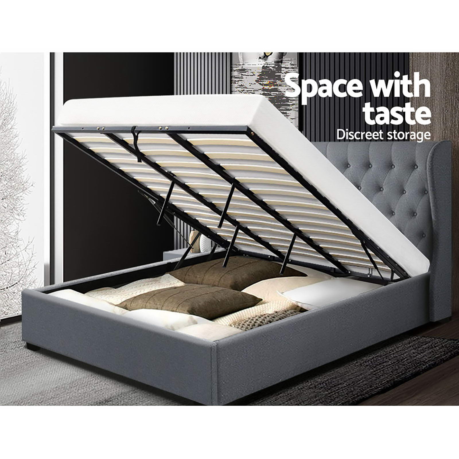 Beds & Bed Frames: Artiss Bed Frame King Size Gas Lift Grey ISSA