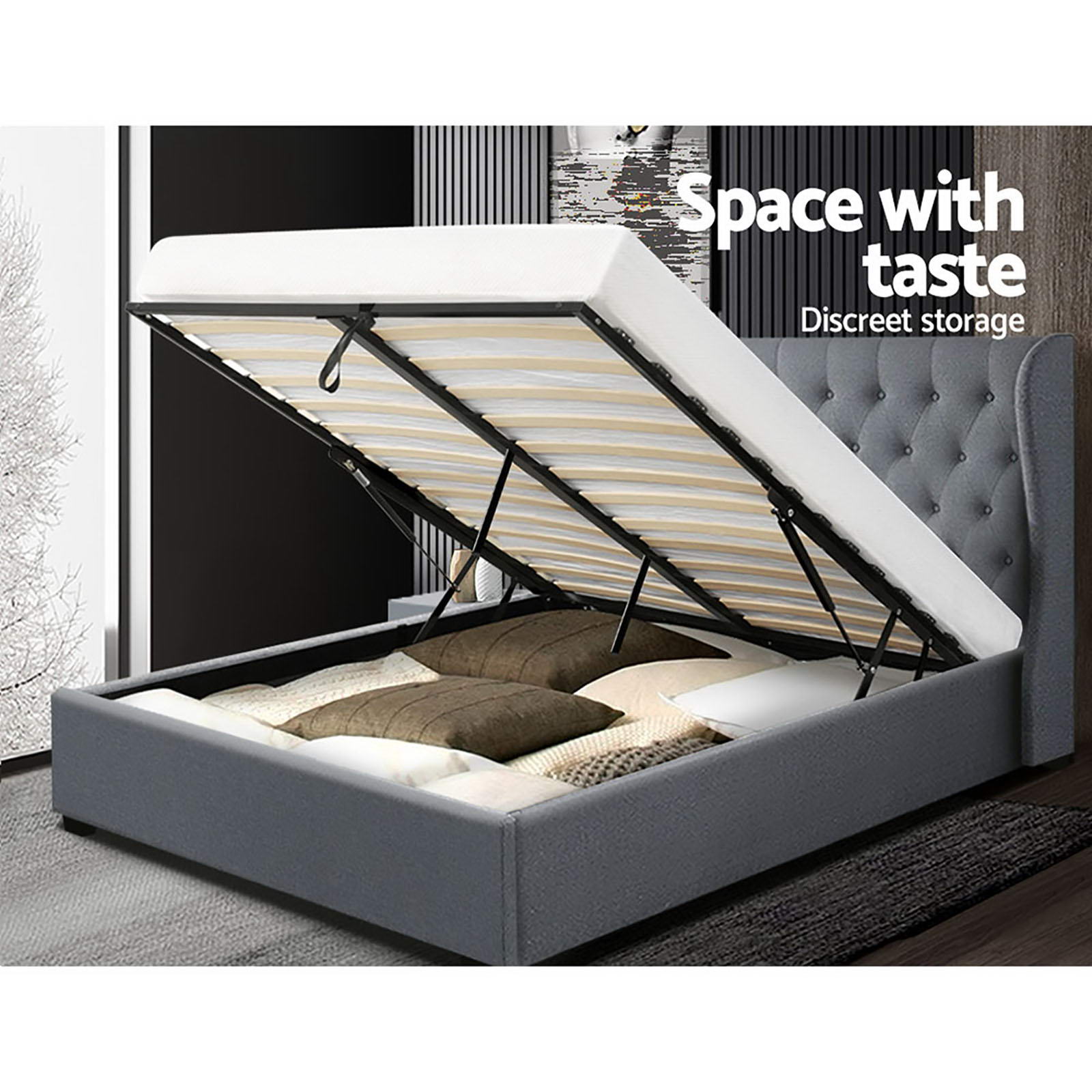 Beds & Bed Frames: Artiss Bed Frame Queen Size Gas Lift Grey ISSA
